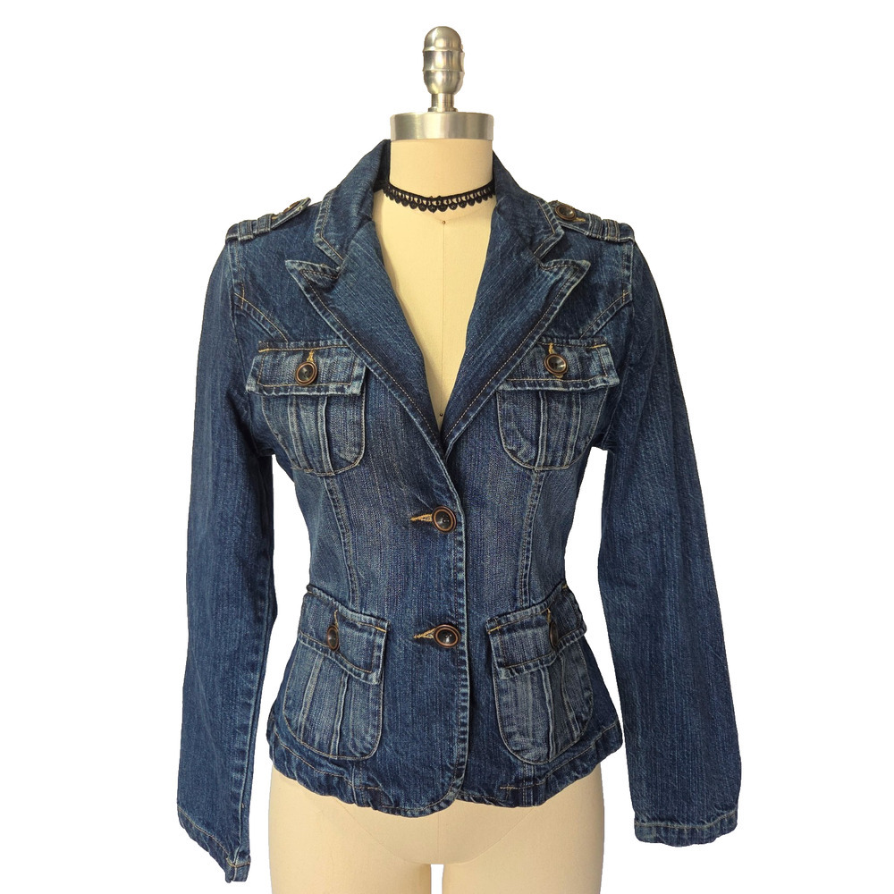 Vintage Y2K Denim Jacket Blazer Size S Star Jeans Button Front Fitted Waist